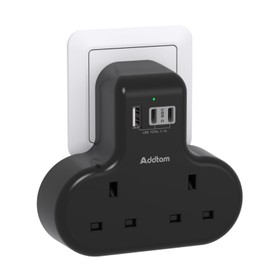 Addtam Double Plug Extension with 3 USB Ports (2 USB-C), 2 Way Multi Plug Adaptor, 13A UK 3 Pin Socket Extension for Home, Office, Travel and School Supplies (Black)