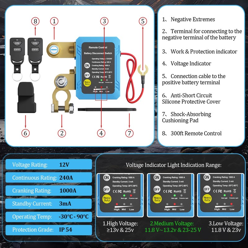 Remote Battery Disconnect Switch 12V, 240A, Kill Switch for Car