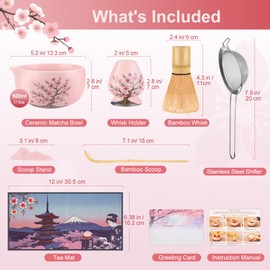 CISID 8 Pcs Matcha Whisk Set, Spring Cherry Blossoms Matcha Bowl with Spout, Bamboo Whisk Holder Stand, Sifter, Matcha Starter Making Kit Tea Set for Ceremony, Gift for Matcha Lover
