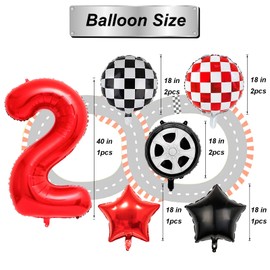 7PCS Race Car Balloons - 40 Inch Red Number 2 Balloons - Black and Red Checkered Balloons for 2nd Happy Birthday Decorations - Race Car Birthday Party Decorations