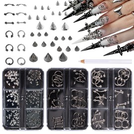 JERCLITY Platinum Gunmetal Black Punk Style Nail Rivets Set 1 Box Cone Nail Charms Studs Alloy Spike Rivets 2 Boxes Retro Metal Nails Circular Rings Nail Charms for Women