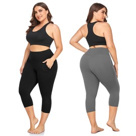 FULLSOFT 3 Pack Plus Size Capri Leggings with Pockets for Women -High Waist Stretchy 1X-4X Workout Yoga Pants(2XL,HHZ)