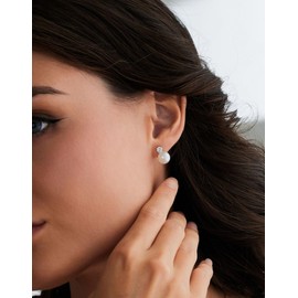 ZHESHY Pearl Earrings Silver 925 Stud Women's White Freshwater Pearls Gold Silver 8 mm Stud Earrings with Pearl Hoop Earrings Pearl Earrings Hanging Hypoallergenic Jewellery Women Girls Bride Gift