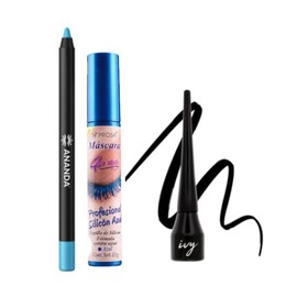 Kit Mascara de Pestañas Profesional Silicon Azul Prosa + Lapiz Smooth line Ananda Blue + Delineador Liquido Negro IVY