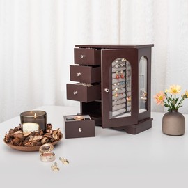 ZGZD Espresso Wooden Jewelry Box with 4 Drawers and Swing Door for Girls, Ideal for Makeup and Accessories Storage and Ring Organization.