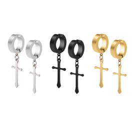 Non-Piercing Clip On Cross Hoop Earrings Set of 3 Stainless Steel Mens Womens No Pierced Huggie Earrings, 3 Pairs