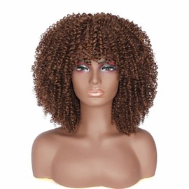 PORSMEER Afro Wig Women's Natural Full Fluffy Hair Kinky Curly Bob Wig with Fringe for Women, Curly Synthetic Wig for Party Cosplay Daily, Brown Wig 14 Inches