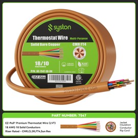 Syston 18/10 Thermostat Doorbell HAVC Heating Control Cable Wire, 100% Solid Copper Conductors CL3R/FT4/CMR Riser-Rated UL/ETL Listed, UV Resistant RoHS for Indoor/Outdoor Low Voltage Applications Use