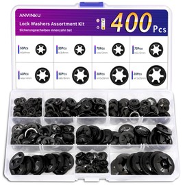 ANVINKU 400PCS Locking Washers, Compatible with Star-lock Washers, 7 Sizes Push On Speed Lock Washer Assortment Kit, M3/M4/M5/M6/M8/M10/M12 65Mn Steel Black Washer for Automotive, Machinery