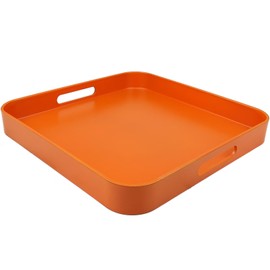 SforGUVA Square Orange Decorative Serving Tray with Handles, Versatile Ottoman Tray for Coffee Table, Entertaining, Outdoor Patio, Living Room, 13”*13”*1.6”