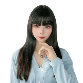 Straight Full Wig, Wig, Female Wig, Natural Bangs, Small Facial Effect, Medium Straight Hair Piece, 3D Structure, Wig Transvestite, Semi-Long, Hide Gray Hair, For Everyday Use (Black)