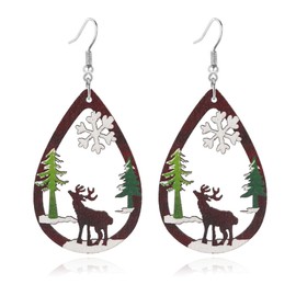 Dreuyet Christmas Wooden Dangle Earrings Cute Christmas tree Santa Claus Snowman Earrings for Women Xmas Earrings Christmas Jewelry (E)