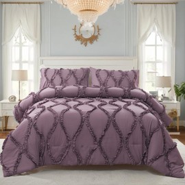 Bedbay Purple Comforter Queen Size 3 Pieces Ruffled Comforter Set Soft Washed Microfiber Bedding Country Farmhouse Bedding Sets for All Season(Purple,Queen)