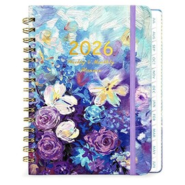 Diary 2026 Week to View A5, 2026 Diaries, Weekly & Monthly Full Year Planner, Monthly Tabs,Twin-Wire Binding, Hard Cover, Elastic Closure, Flower Coil Notebook A5 Strap Notebook, 21.5 x 15.5 x 1.8 cm