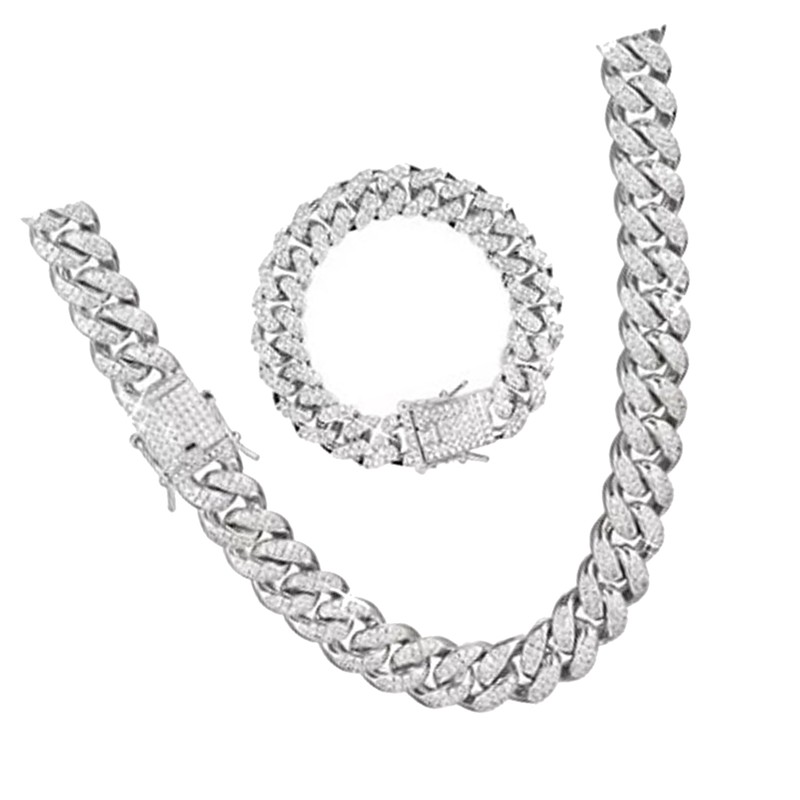 2Pcs Cuban Link Chain Rhinestone Necklace Bracelet Set Gift for