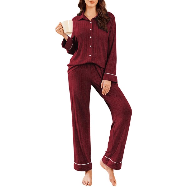 Ekouaer Womens Pajama Sets Long Sleeve Ribbed Knit Lounge Set