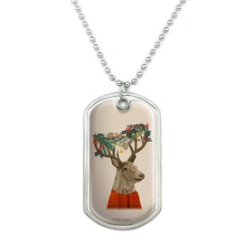 GRAPHICS & MORE Christmas Tartan Deer and Holly Antlers Military Dog Tag Pendant Necklace with Chain