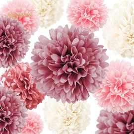 NICROLANDEE Wedding Party Decorations, 12PCS Dusty Rose Pink Tissue Pom Poms Flowers for Bridal Shower, Baby Shower, Birthday, Engagement, Bachelorettes, Valentine Decorations, Pink Party Decorations