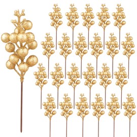 24 Pack Glitter Gold Berry Stems,7.5 Inch Christmas Sparking Gold Faux Winter Berry Sprigs,Artificial Gold Berries Branches for Christmas Tree Garland Wreath Crafts Season Winter Home Decor