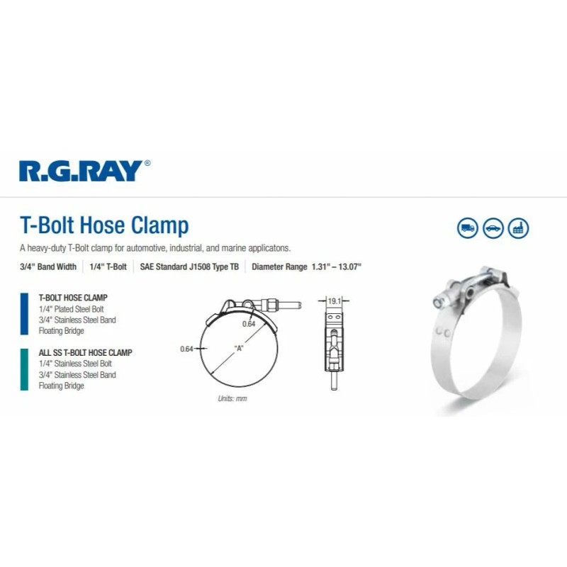 R.G. Ray T-Bolt ONE Clamp hose 700-33-225 ideal 2.25 inch