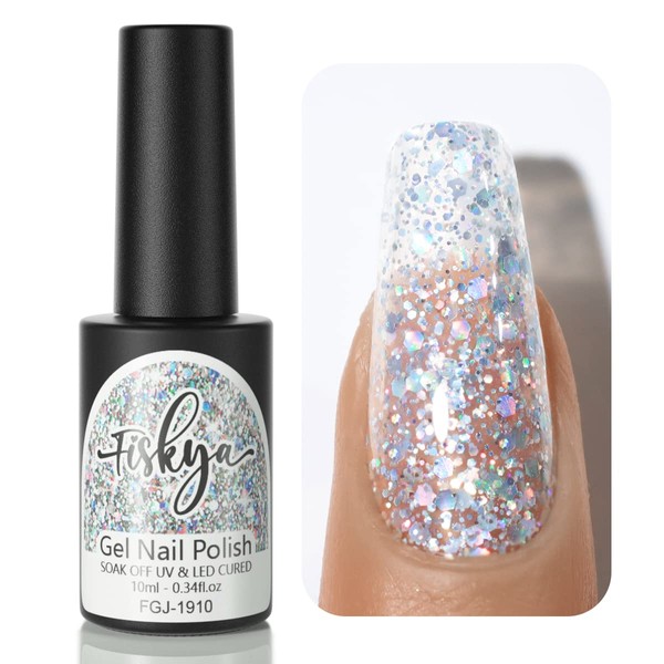 Fiskya Gel Nail Polish Laser Glitter Silver Color Soak Off