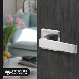 Berlin Modisch Contemporary Square Entry Lever Door Handle Lock and Key Locking Lever Set [for Front Door or Office] Reversible for Right & Left Sided Doors Heavy Duty – Satin Nickel Finish