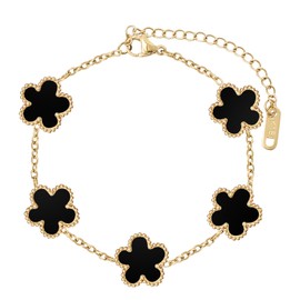 GRBeid 18K Gold Plated Bracelet Gold Clover Bracelet Set for Women Four Leaf Lucky Bracelets Dupes Trendy Jewelry Birthday Gifts for Women Black