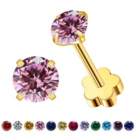 Flower Screw Back Birthstone Stud Earrings for Women Girls, 3mm G23 Tiny CZ Flat Back Stud Earrings, Screw Back Helix Earrings (Gold, 10.Oct-Tourmaline)