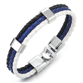 COOLSTEELANDBEYOND Blue White Black Braided Leather Bracelet Women Men Three Strands Rows Wrap Sweatband Minimalist, Faux Leather, Non-applicable