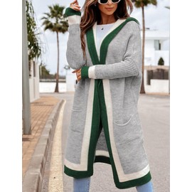 Yimoon Womens Long Cardigan Sweater Color Block Open Front Hooded Cardigan Oversized Knit Sweater Outwear(Grey-Small)