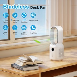 Desk Fan,13 Inch Portable Bladeless Fan, Small Quiet Office Fan with 106° Oscillating, 3 Speeds & Night light, LED Display, Button Control, Personal Table Fan for Bedroom, Office, Home, Study Room