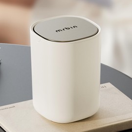 MRBIN Desk Mini Car Trash Can, 0.4 Gallon Table Top Plastic Waste Basket with Stainless Steel Lid, Small Garbage Bin for Bedroom, Coffee Bar, Vehicle Cup Holder, Vanity Countertop, White