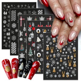 Jremg Christmas Nail Art Stickers Snowflake Nail Decals 5D Embossed Winter Christmas Tree Nail Art Stickers Self-Adhesive Gold Silver Glitter Bell Bow Winter Nails Design for DIY Nail Decor 6 Sheets
