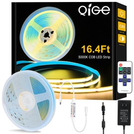 QiGe Warm White COB LED Strip Lights kit 16.4ft,24V Super Bright 2400 LEDs Strip,3000K CRI 90+ Dimmable Tape Light with Remote Controller & Adapter, LED Lights for Bedroom,Cabinet Home DIY Lighting