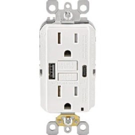 Leviton (1)-Leviton SmartlockPro White 2-Port USB Charging Outlet W/5-15R Self-Test GFCI