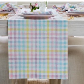 Solino Home Easter Table Runner 48 Inch - 100% Pure Linen Multicolor Pastel Gingham Plaid Table Runner 14 x 48 Inch Ideal for Dresser and Coffee Tables - Gingham Check
