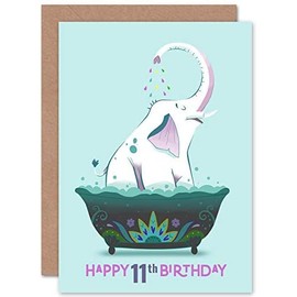 Wee Blue Coo Elephant Bath Birthday 11th Greetings Card