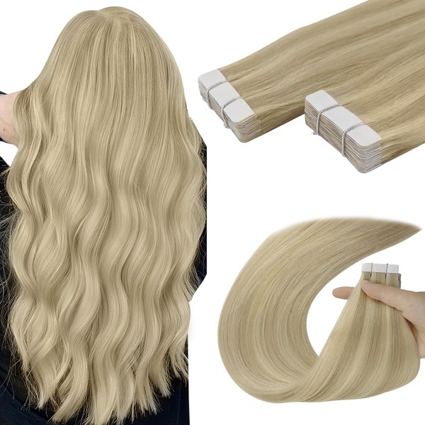 YoungSee Tape-In Extensions Real Hair Blonde Invisible Tape Extensions Real Hair Golden Blonde Highlight Medium Blonde Hair Extensions Tape Real Hair Skin Weft Extensions Tape in 35 cm 50 g 20 Pieces