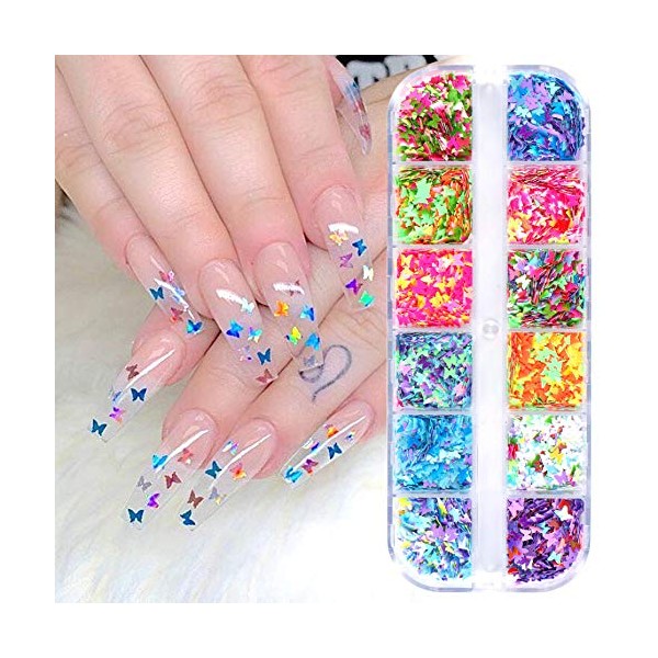 CHANGAR Butterfly Nail Art Glitter Sequins, 3D Laser Butterfly Nail Decals Sticker Holographic Nail Sparkle Glitter for Manicure Make Up DIY Decals Decoration
