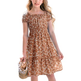 Poploli Girls Summer Dress Kids Floral Square Neck Puff Sleeve A-Line Midi Dresses Orange