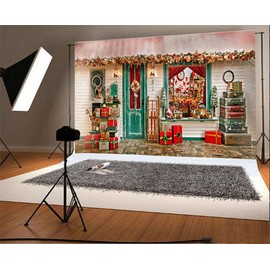 YongFoto 2,2x1,5m Foto Hintergrund Weihnachten Vinyl Weihnachtsdekoration Eingangsszene Ornamente Geschenkbox Koffer Fotografie Hintergrund Foto Leinwand Kinder Fotostudio