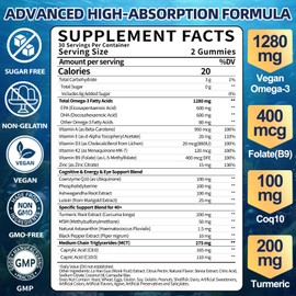 Vegan Omega 3 Gummies for Adult 40+: 1280mg Omega-3 Fatty Acids