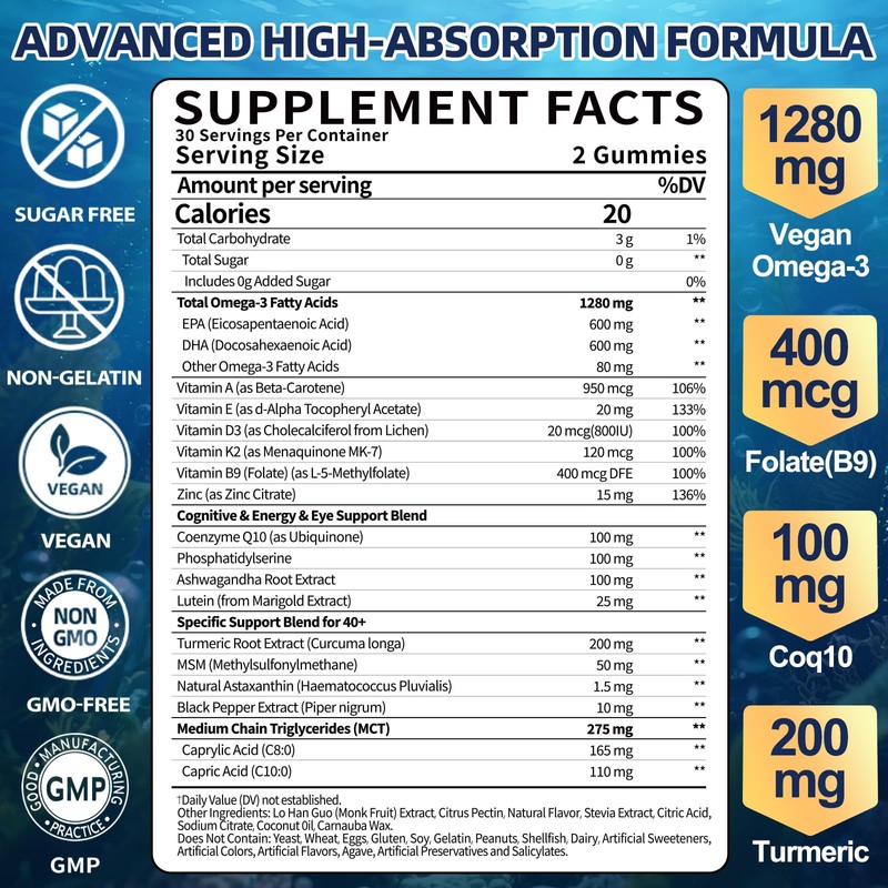 Vegan Omega 3 Gummies for Adult 40+: 1280mg Omega-3 Fatty
