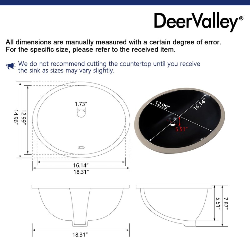 DeerValley DV-1U303B Black Undermount Bathroom Sink 18'' x 15'' Oval