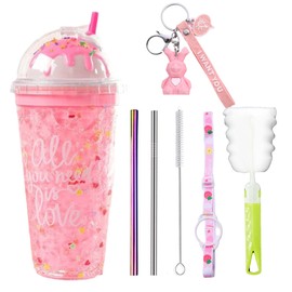 seelucky Ice Cream Travel Tumbler with Straw Girl Drinking Cup Freezer Frosty Mug Picnic Birthday Party Gift (Ice Cream Pink, 450 ml)