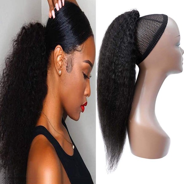 Adette Human Hair Kinky Straight Ponytails Drawstring Extension 22 Inch Kinky Straight Hair Clip in Pony Tail for Black Women