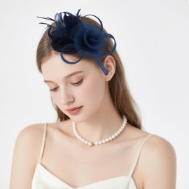 AMCAMI Fascinators Hats with Feather for Women 2025 Derby Hats Tea Party Hat with Headband and Clip Navy Blue