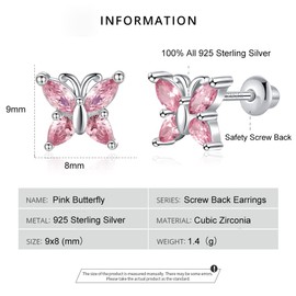 AOROCO Butterfly Earrings for Girls,925 Sterling Silver Post Earrings Screw Backs Butterfly Stud Earrings CZ Hypoallergenic Butterfly Jewelry Gifts for Girls Teens Women Daughter