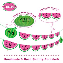 Watermelon Photo Banner 1-12 Month 1st Birthday Monthly Banner Baby Girl Photo Display Milestone Photograph Bunting Garland One In a Melon Summer Fruit Themed Party Supplies Decorations