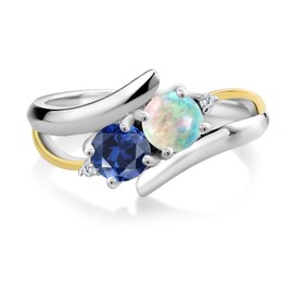 Gem Stone King 925 Silver and 10K Yellow Gold Round Cabochon White Simulated Opal Blue Created Sapphire and White Lab Grown Diamond 2 Stone Crossover Ring (1.12 Cttw, Available In Size 5, 6, 7, 8, 9)